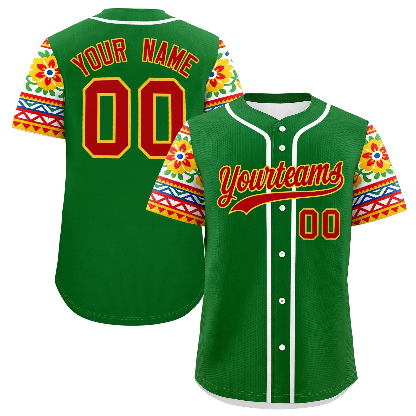 Custom Kelly Green Red Gold Graffiti Pattern Mexican style Stretch Fabric Baseball Jersey| KXKSHOP