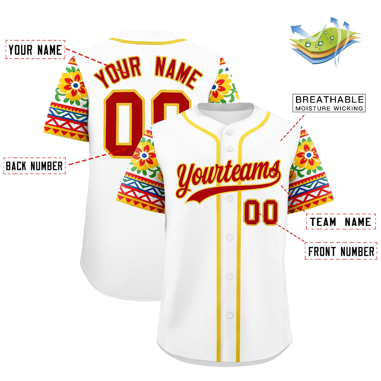 Custom White Red Gold Graffiti Pattern Mexican style Stretch Fabric Baseball Jersey| KXKSHOP