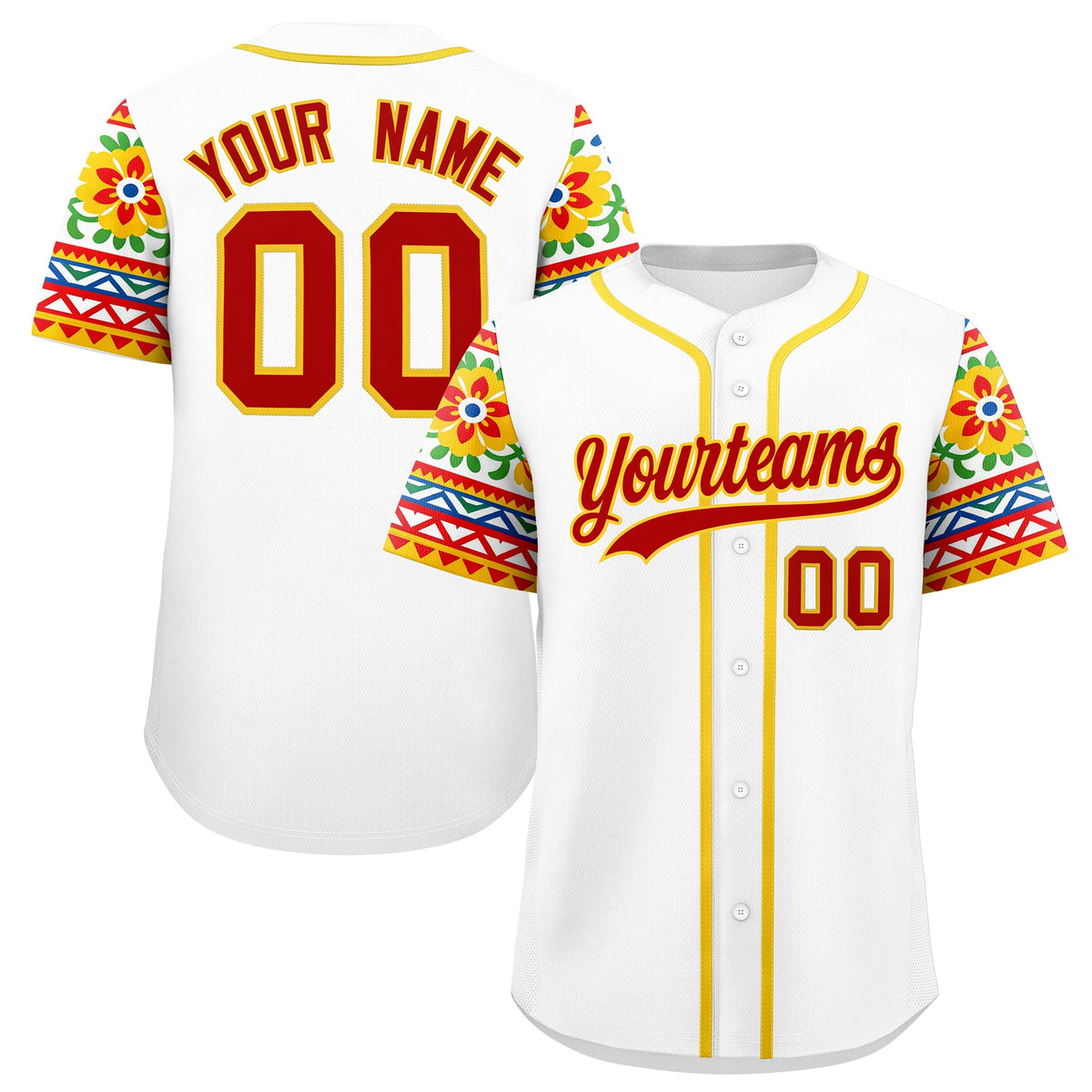 Custom White Red Gold Graffiti Pattern Mexican style Stretch Fabric Baseball Jersey| KXKSHOP