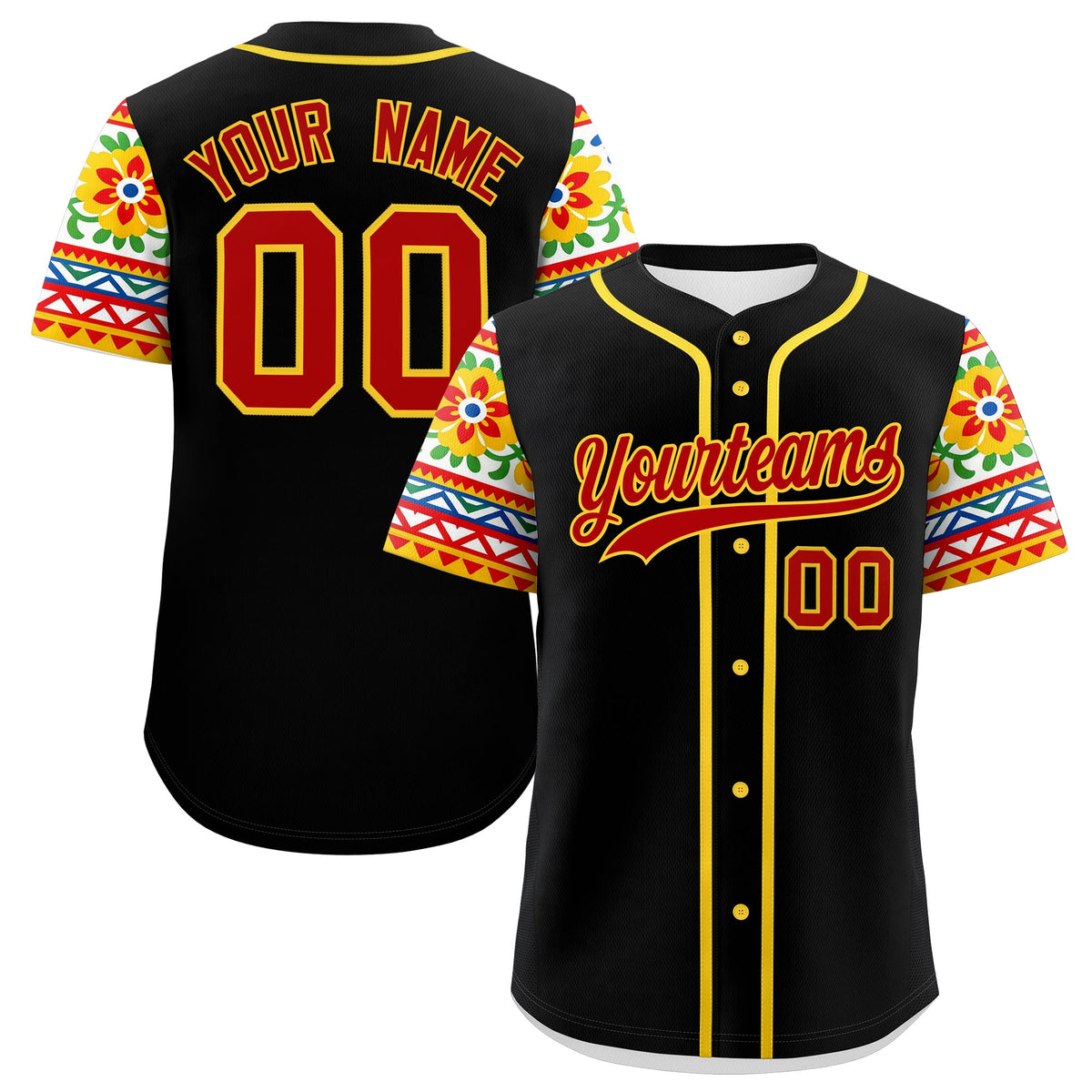 Custom Black Red Gold Graffiti Pattern Mexican style Stretch Fabric Baseball Jersey| KXKSHOP