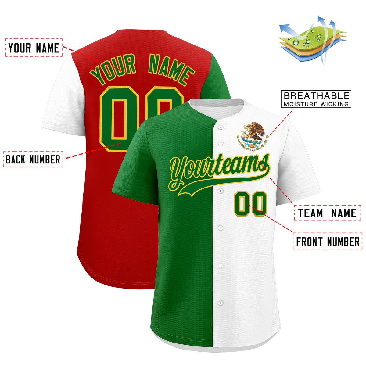Custom Kelly Green White Red Graffiti Pattern Mexican style Stretch Fabric Baseball Jersey| KXKSHOP