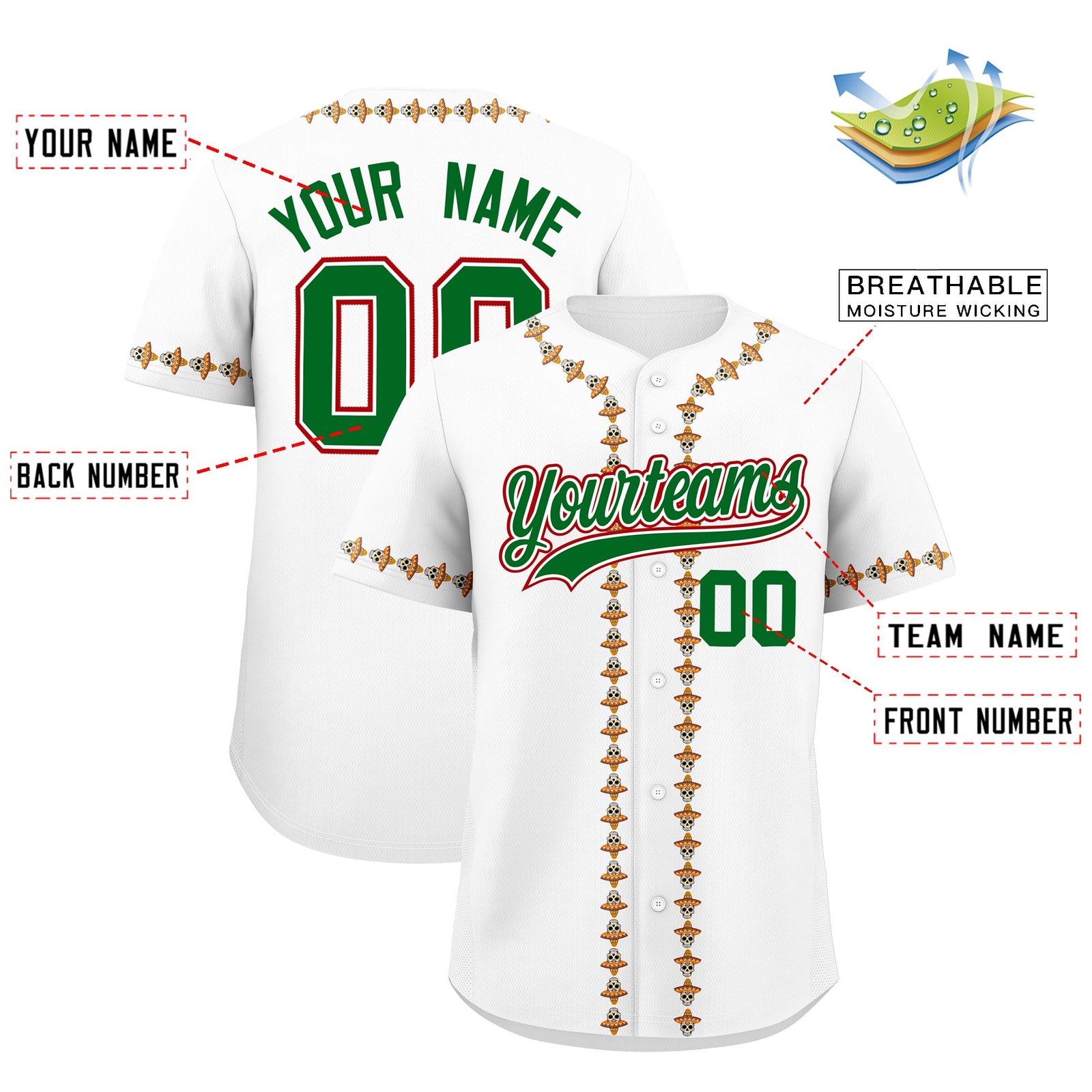 Custom White Kelly Green Red Graffiti Pattern Mexican style Stretch Fabric Baseball Jersey| KXKSHOP