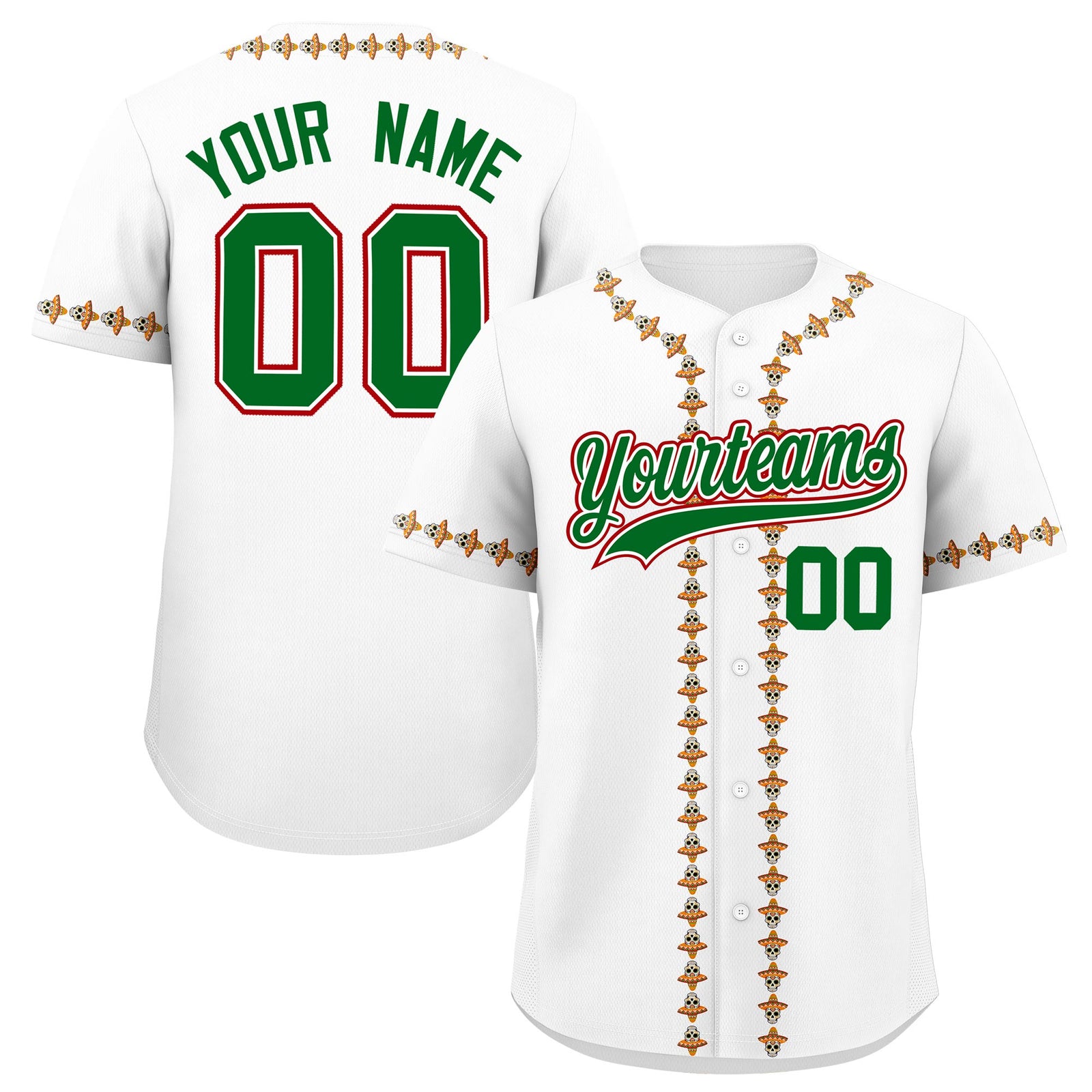 Custom White Kelly Green Red Graffiti Pattern Mexican style Stretch Fabric Baseball Jersey| KXKSHOP