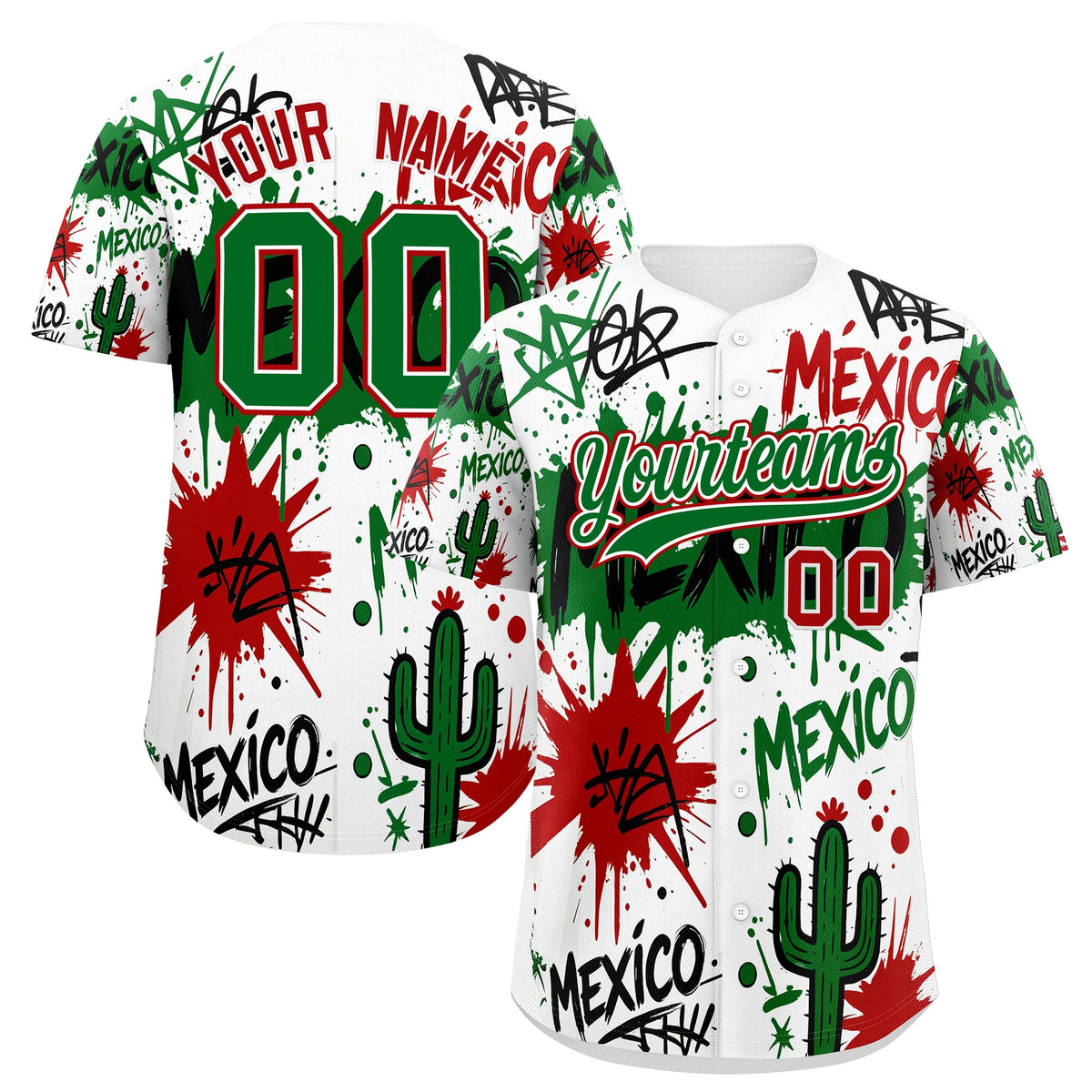 Custom White Kelly Green Red Graffiti Pattern Mexican style Stretch Fabric Baseball Jersey| KXKSHOP