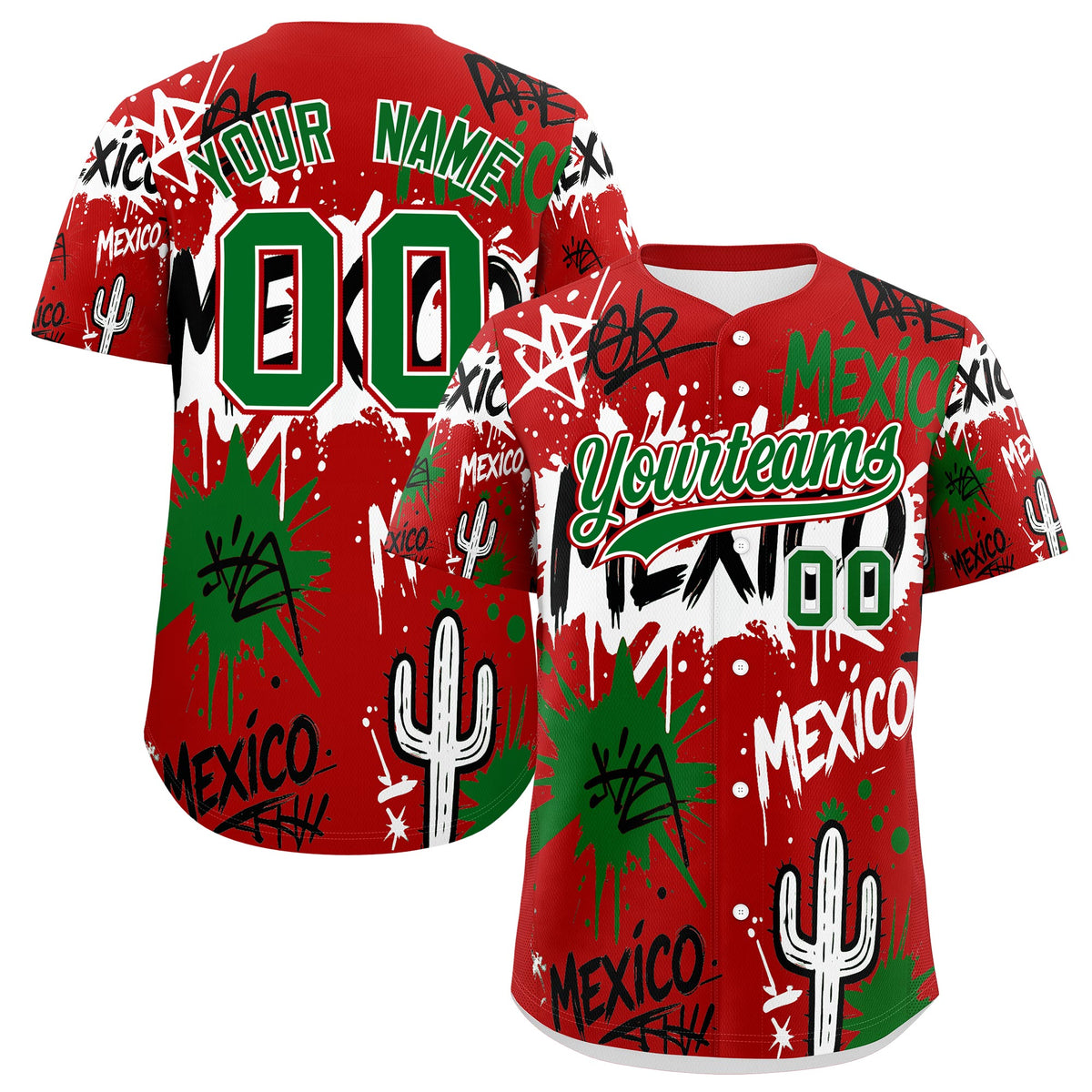 Custom Red Kelly Green White Graffiti Pattern Mexican style Stretch Fabric Baseball Jersey| KXKSHOP