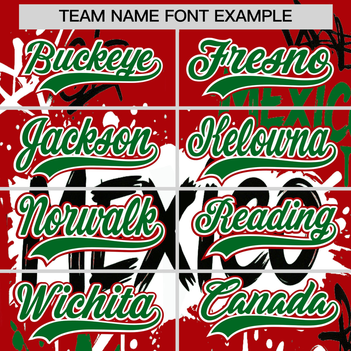 Custom Red Kelly Green White Graffiti Pattern Mexican style Stretch Fabric Baseball Jersey| KXKSHOP