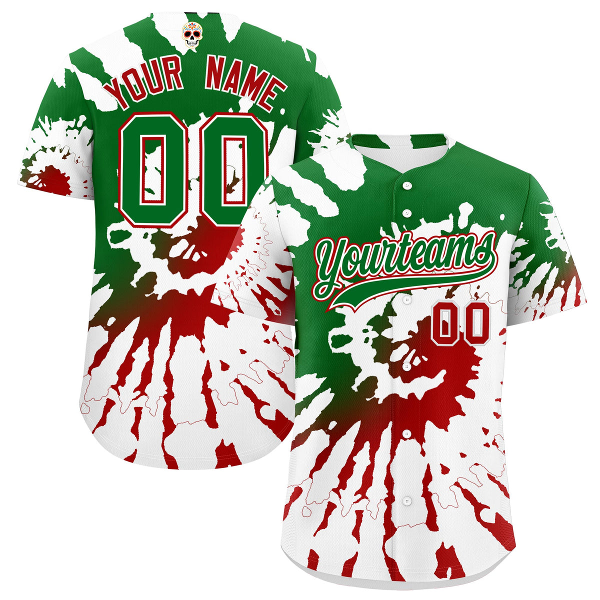 Custom White Kelly Green Red Graffiti Pattern Mexican style Stretch Fabric Baseball Jersey| KXKSHOP