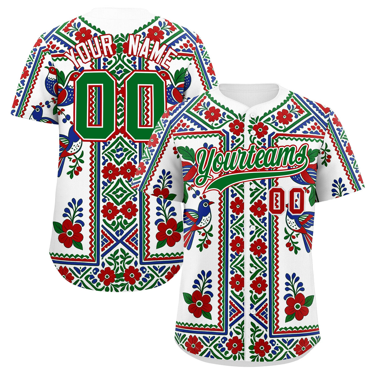 Custom White Kelly Green Red Graffiti Pattern Mexican style Stretch Fabric Baseball Jersey| KXKSHOP