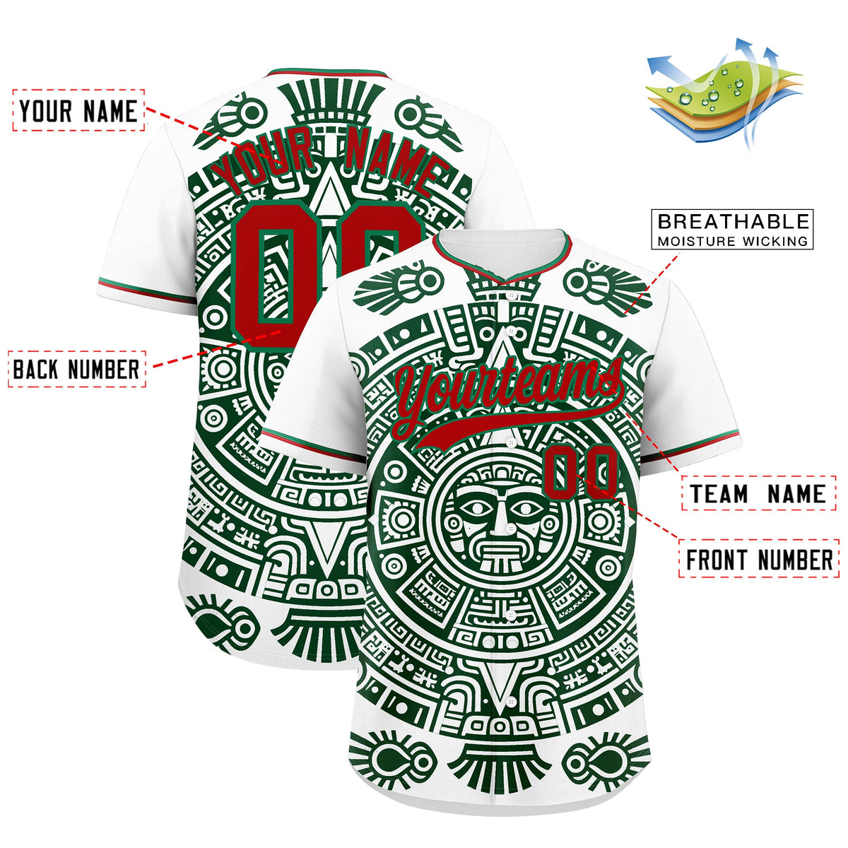 Custom White Dark Green Red Graffiti Pattern Mexican style Stretch Fabric Baseball Jersey| KXKSHOP