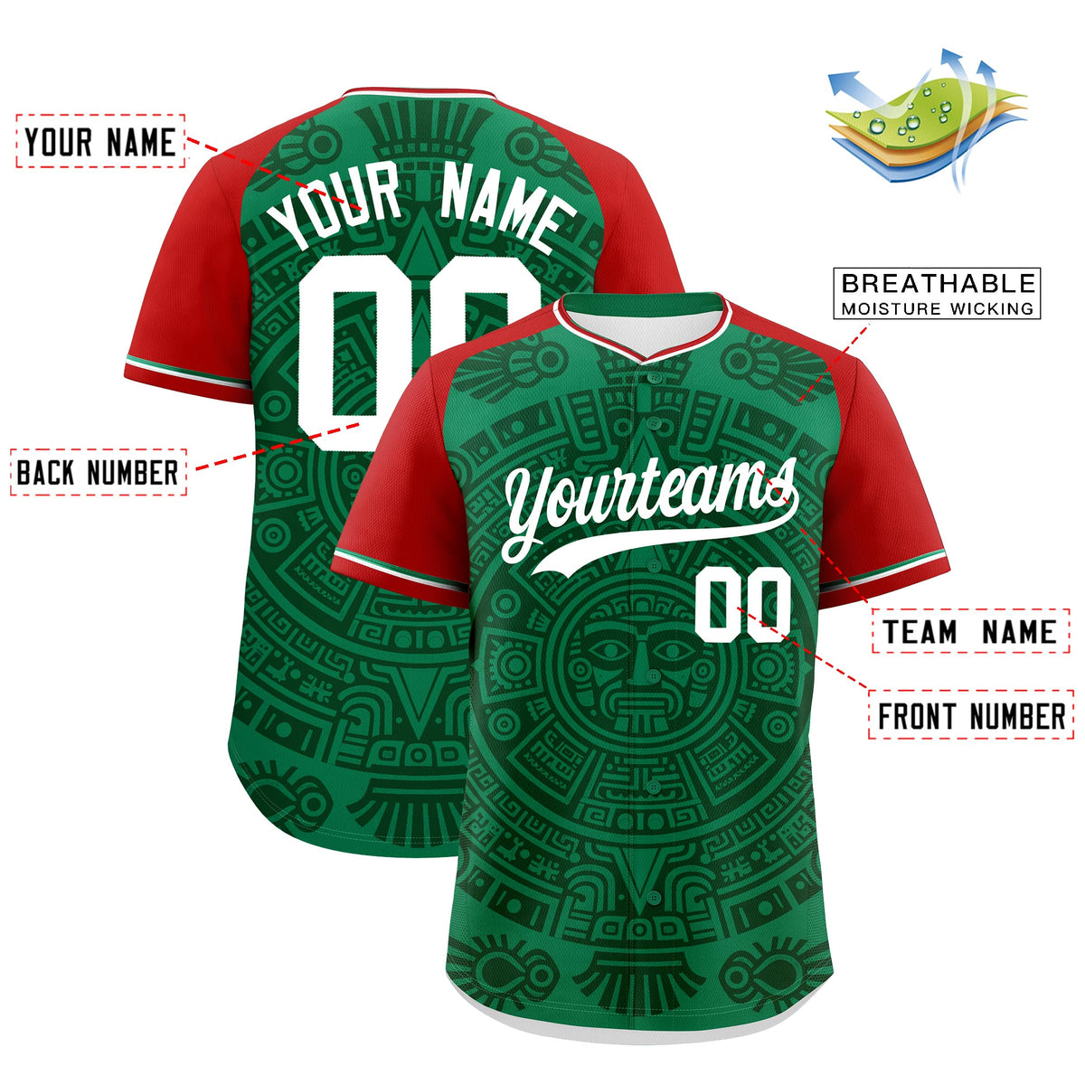 Custom Kelly Green Dark Green Red Graffiti Pattern Mexican style Stretch Fabric Baseball Jersey| KXKSHOP