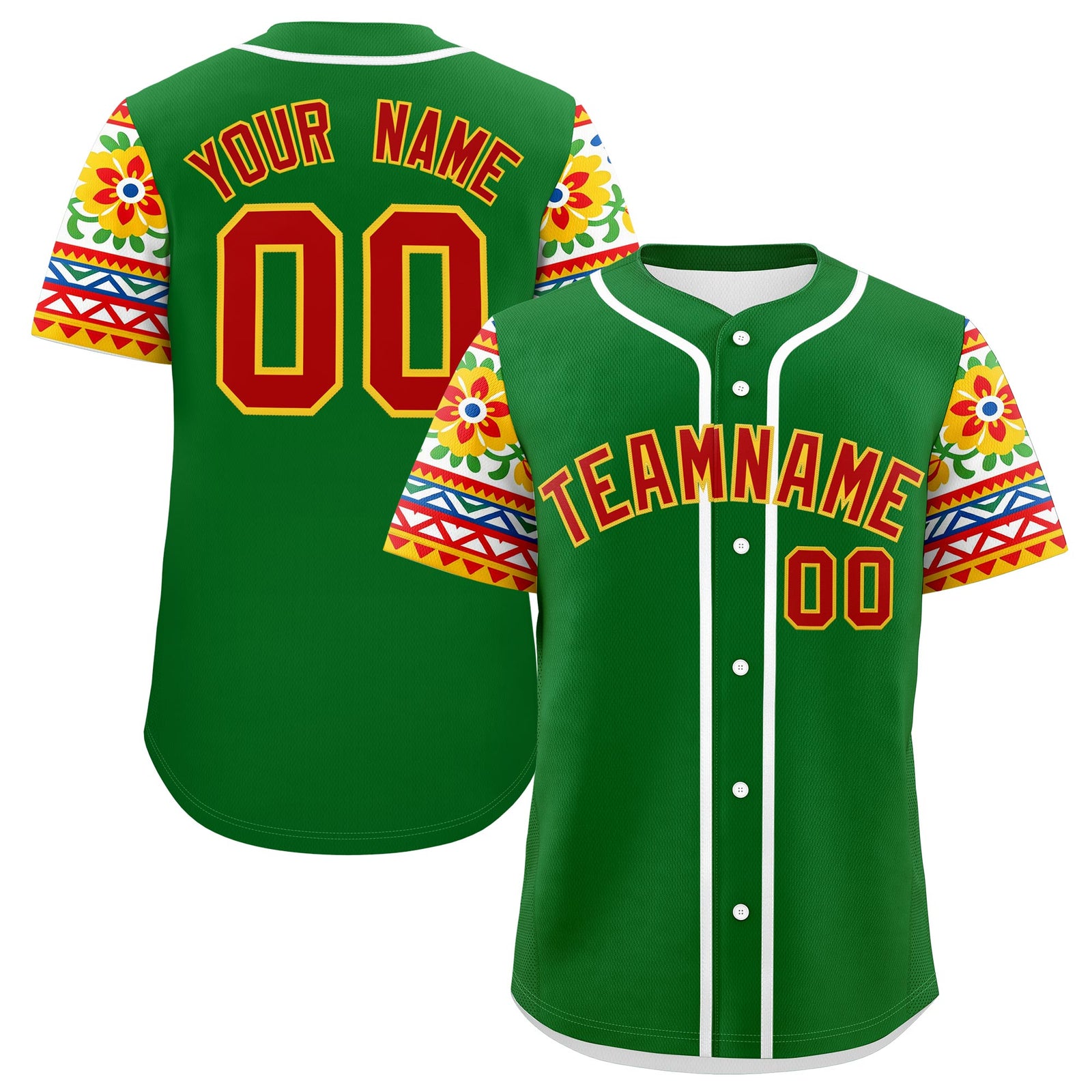 Custom Kelly Green Red Gold Graffiti Pattern Mexican style Stretch Fabric Baseball Jersey| KXKSHOP