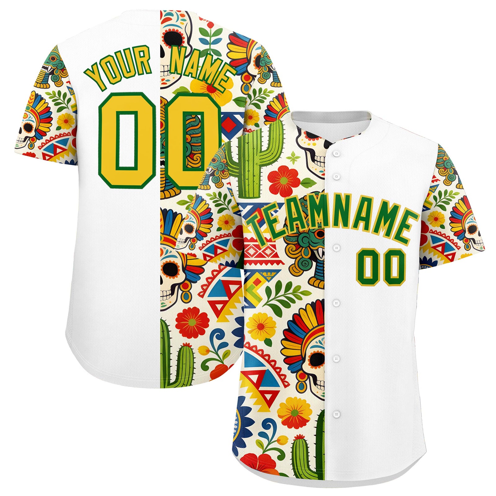 Custom White Kelly Green Gold Graffiti Pattern Mexican style Stretch Fabric Baseball Jersey| KXKSHOP