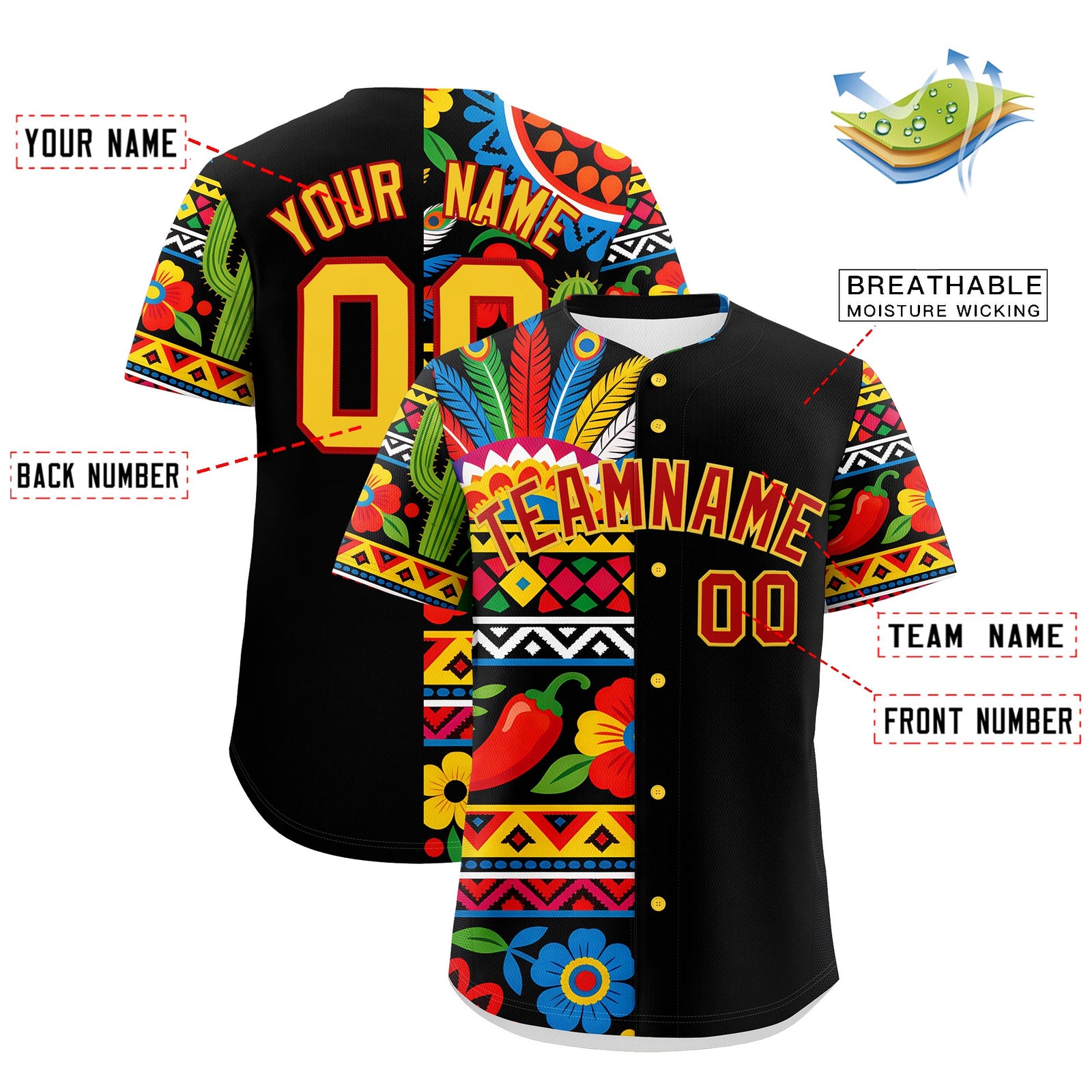 Custom Black Red Gold Graffiti Pattern Mexican style Stretch Fabric Baseball Jersey| KXKSHOP