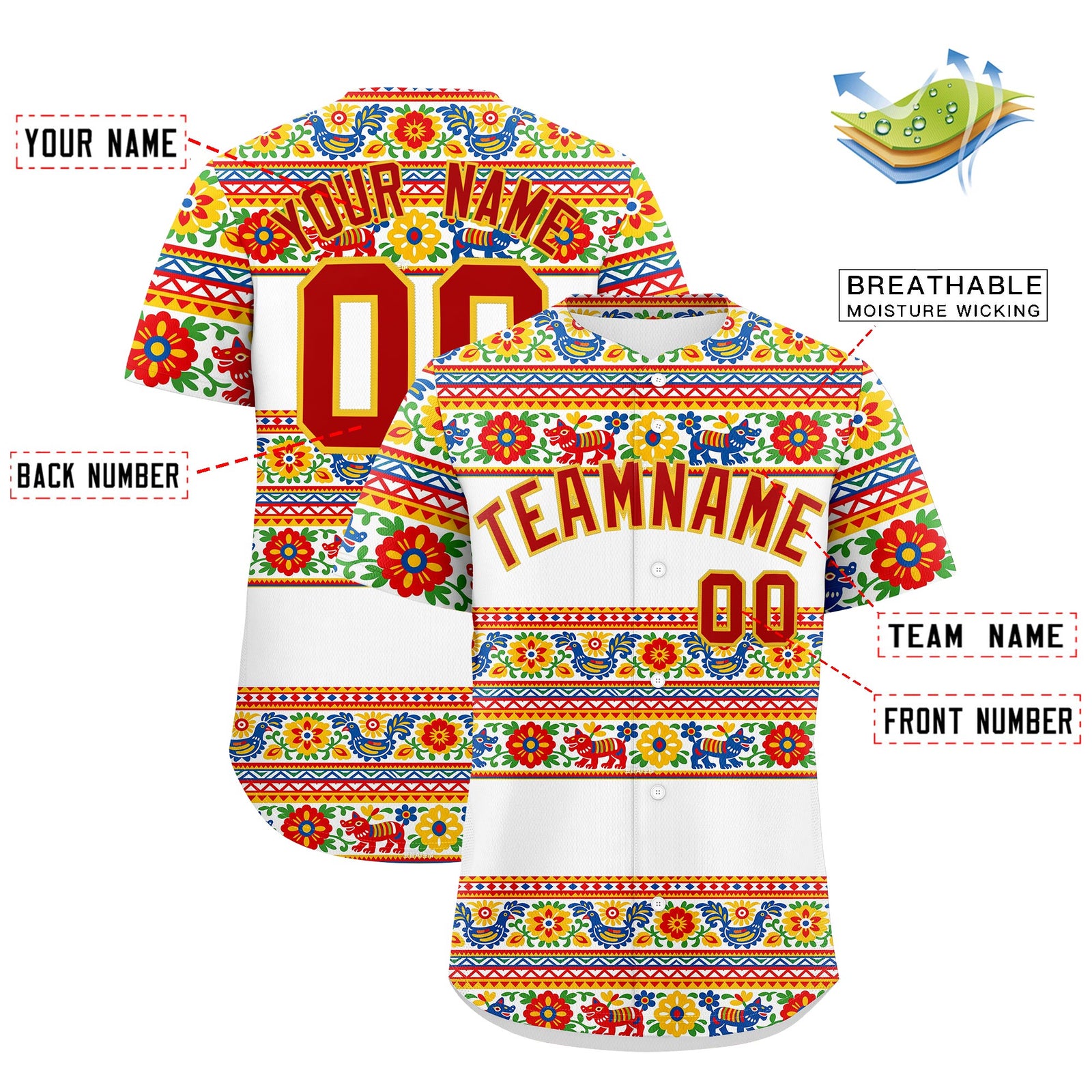 Custom White Red Gold Graffiti Pattern Mexican style Stretch Fabric Baseball Jersey| KXKSHOP