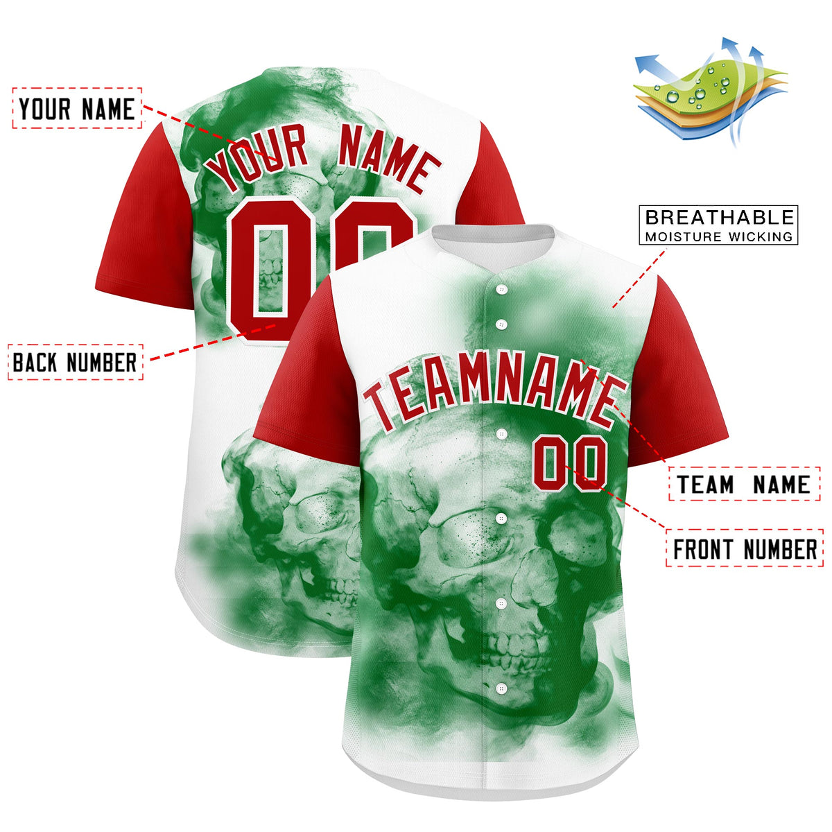 Custom White Red Kelly Green Graffiti Pattern Mexican style Stretch Fabric Baseball Jersey| KXKSHOP