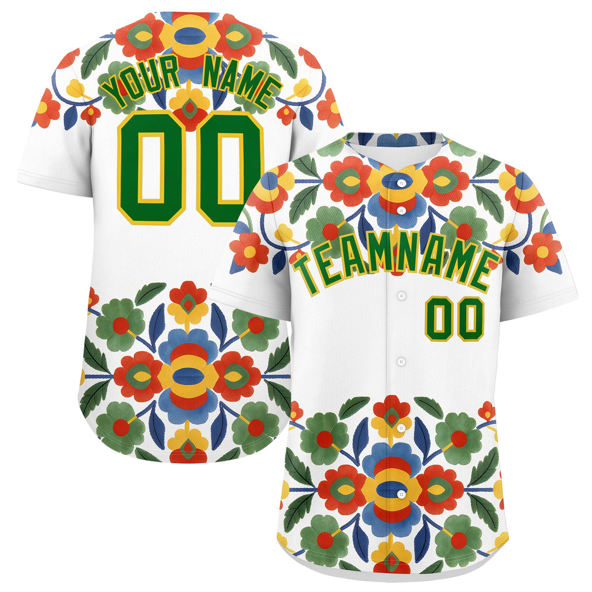 Custom White Kelly Green Gold Graffiti Pattern Mexican style Stretch Fabric Baseball Jersey| KXKSHOP