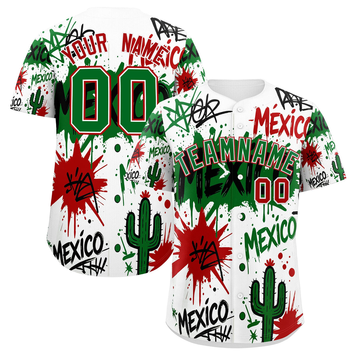 Custom White Kelly Green Red Graffiti Pattern Mexican style Stretch Fabric Baseball Jersey| KXKSHOP