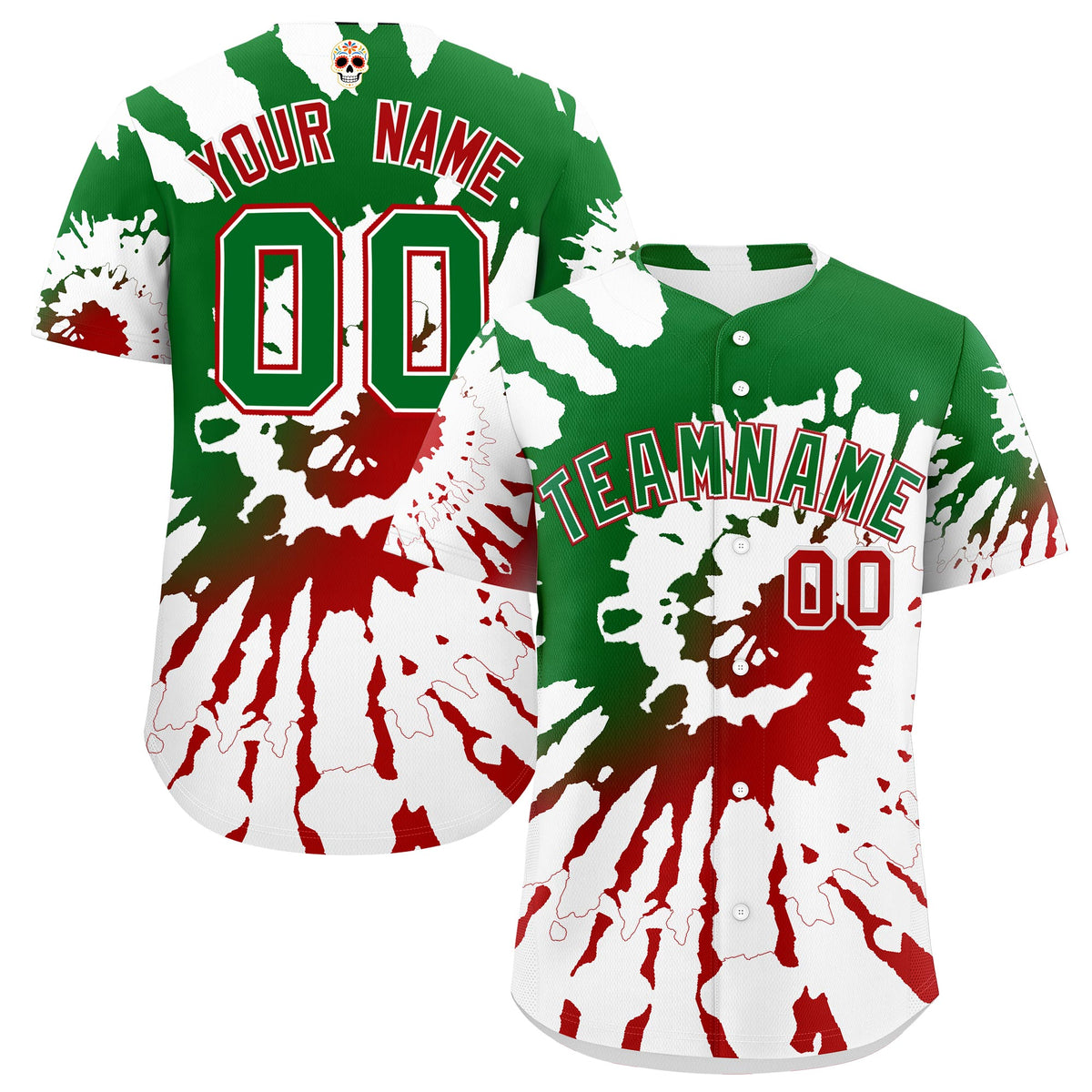 Custom White Kelly Green Red Graffiti Pattern Mexican style Stretch Fabric Baseball Jersey| KXKSHOP