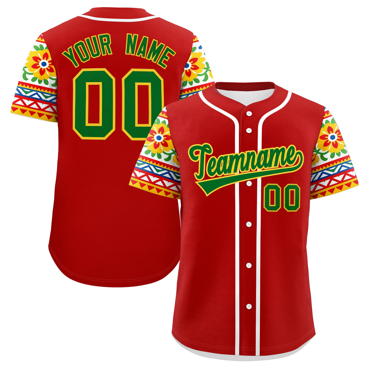Custom Red Kelly Green Gold Graffiti Pattern Mexican style Stretch Fabric Baseball Jersey| KXKSHOP