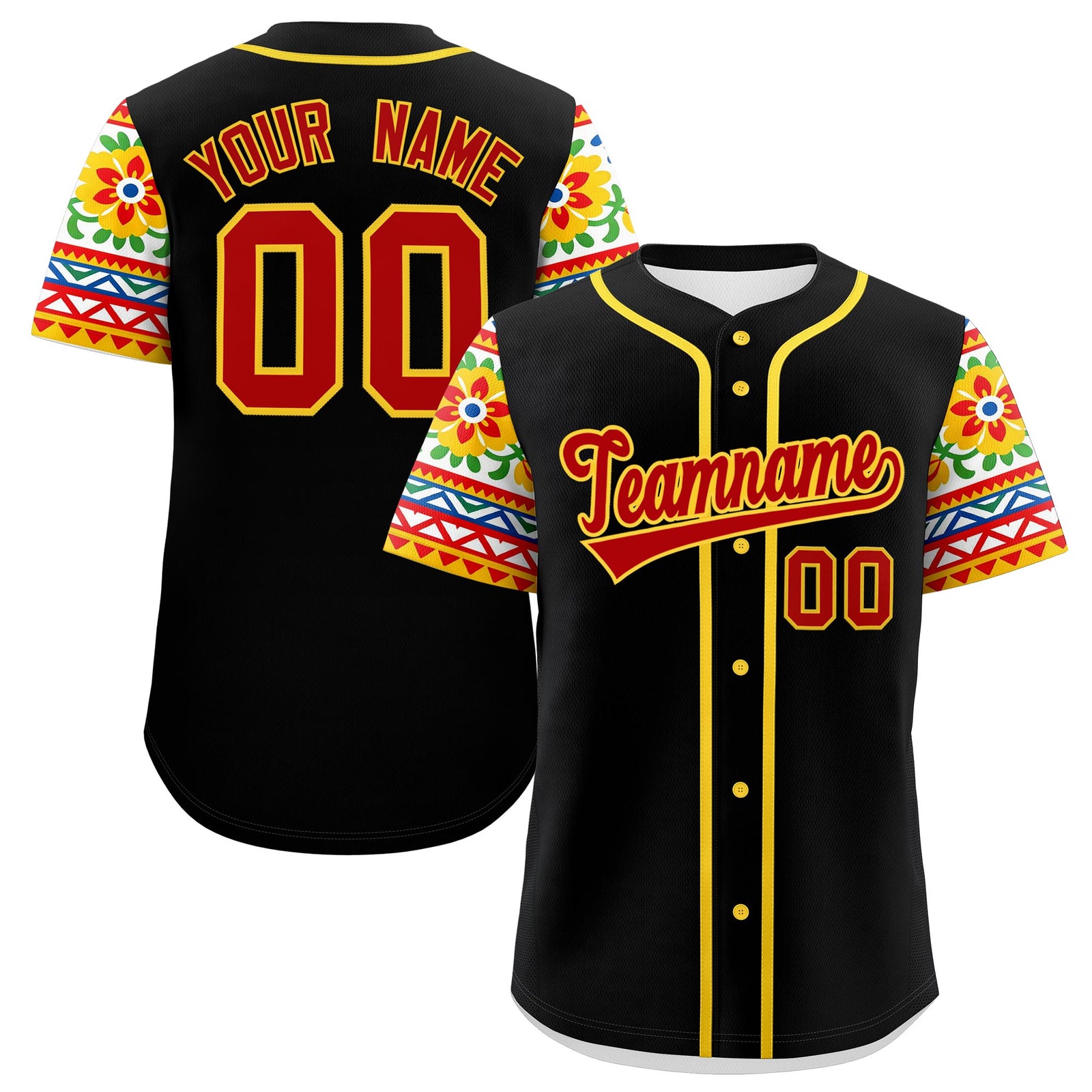 Custom Black Red Gold Graffiti Pattern Mexican style Stretch Fabric Baseball Jersey| KXKSHOP
