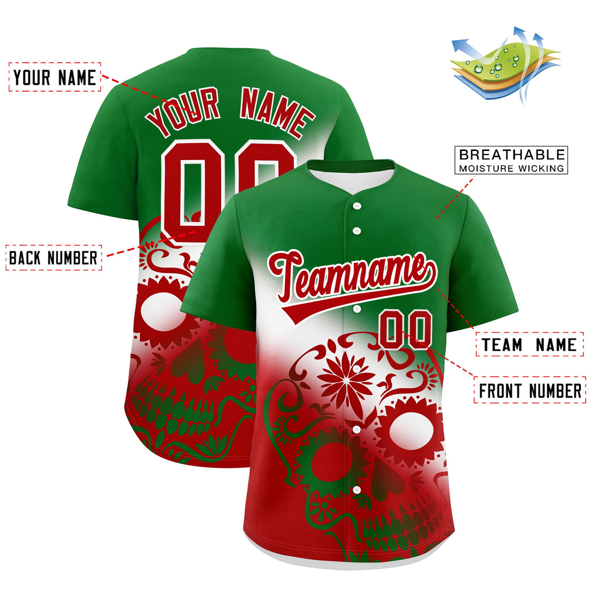 Custom Kelly Green White Red Graffiti Pattern Mexican style Stretch Fabric Baseball Jersey| KXKSHOP