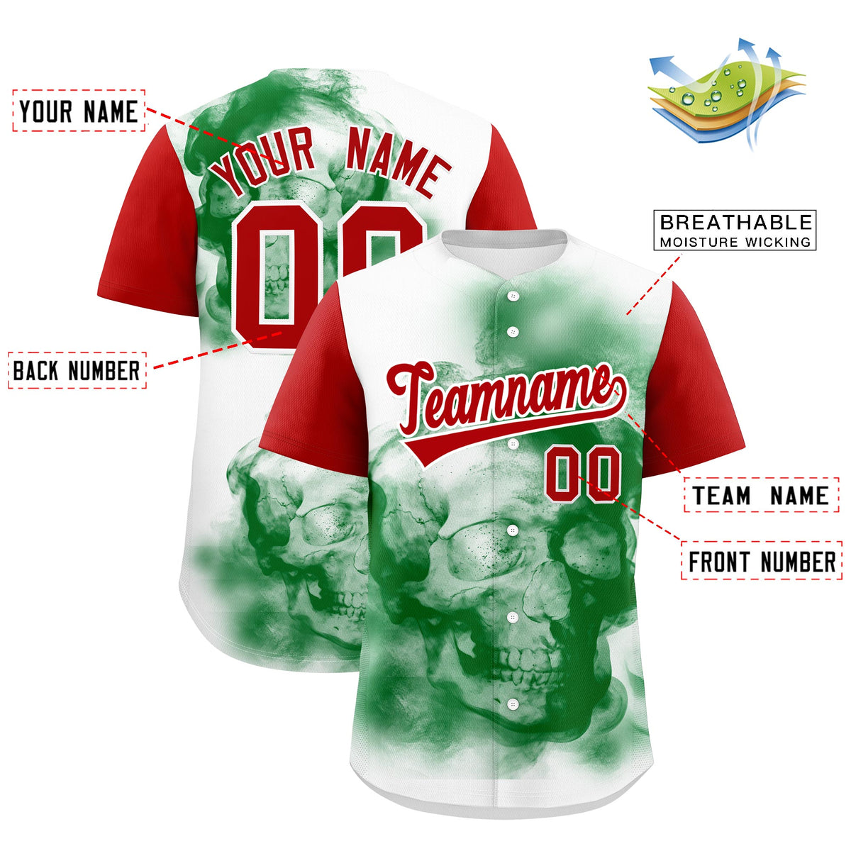 Custom White Red Kelly Green Graffiti Pattern Mexican style Stretch Fabric Baseball Jersey| KXKSHOP