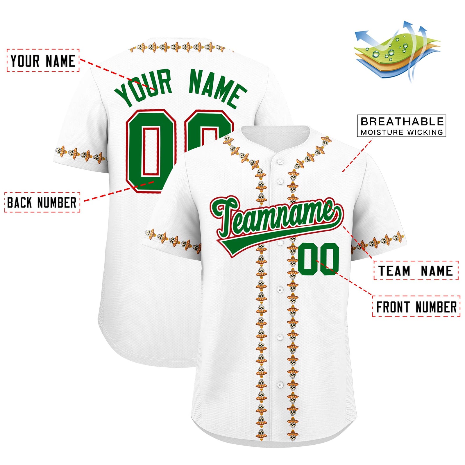 Custom White Kelly Green Red Graffiti Pattern Mexican style Stretch Fabric Baseball Jersey| KXKSHOP