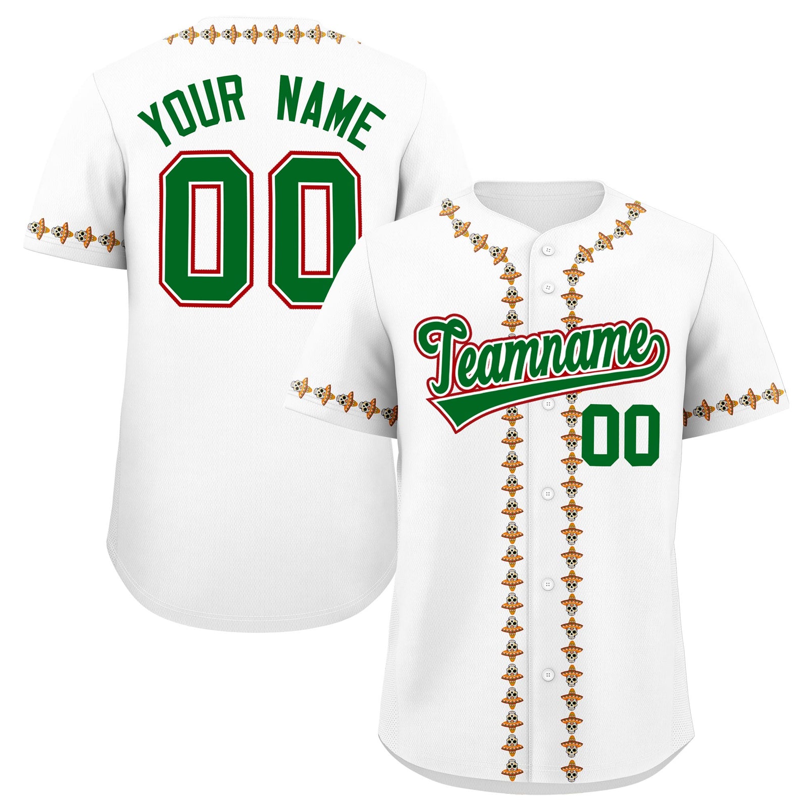 Custom White Kelly Green Red Graffiti Pattern Mexican style Stretch Fabric Baseball Jersey| KXKSHOP