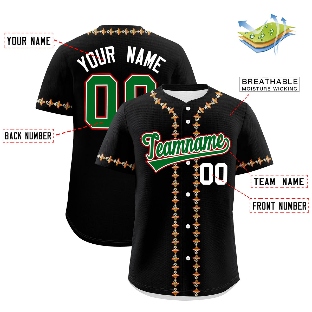 Custom Black Kelly Green White Graffiti Pattern Mexican style Stretch Fabric Baseball Jersey| KXKSHOP
