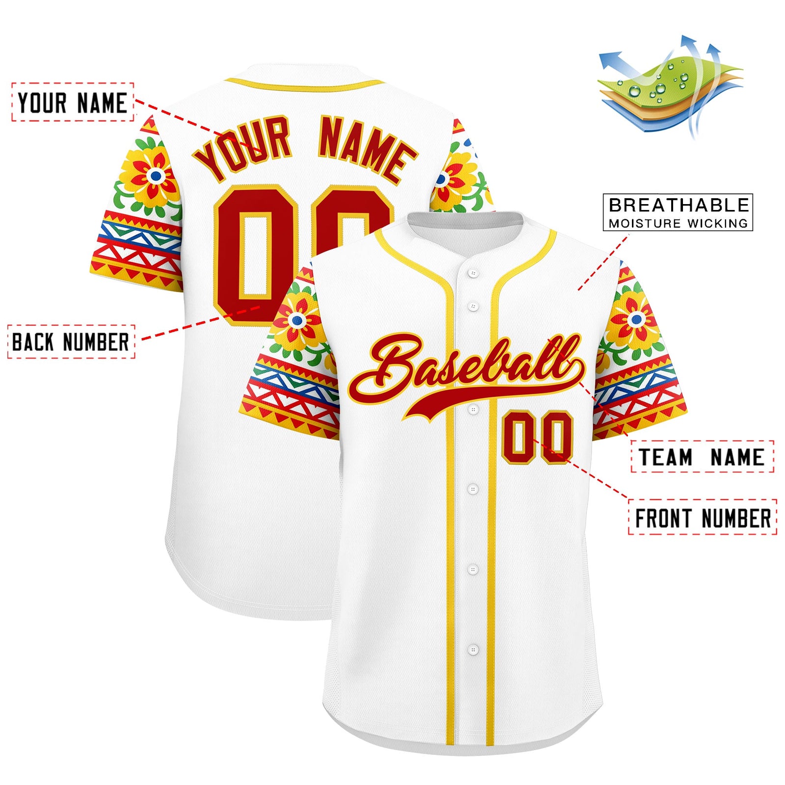 Custom White Red Gold Graffiti Pattern Mexican style Stretch Fabric Baseball Jersey| KXKSHOP