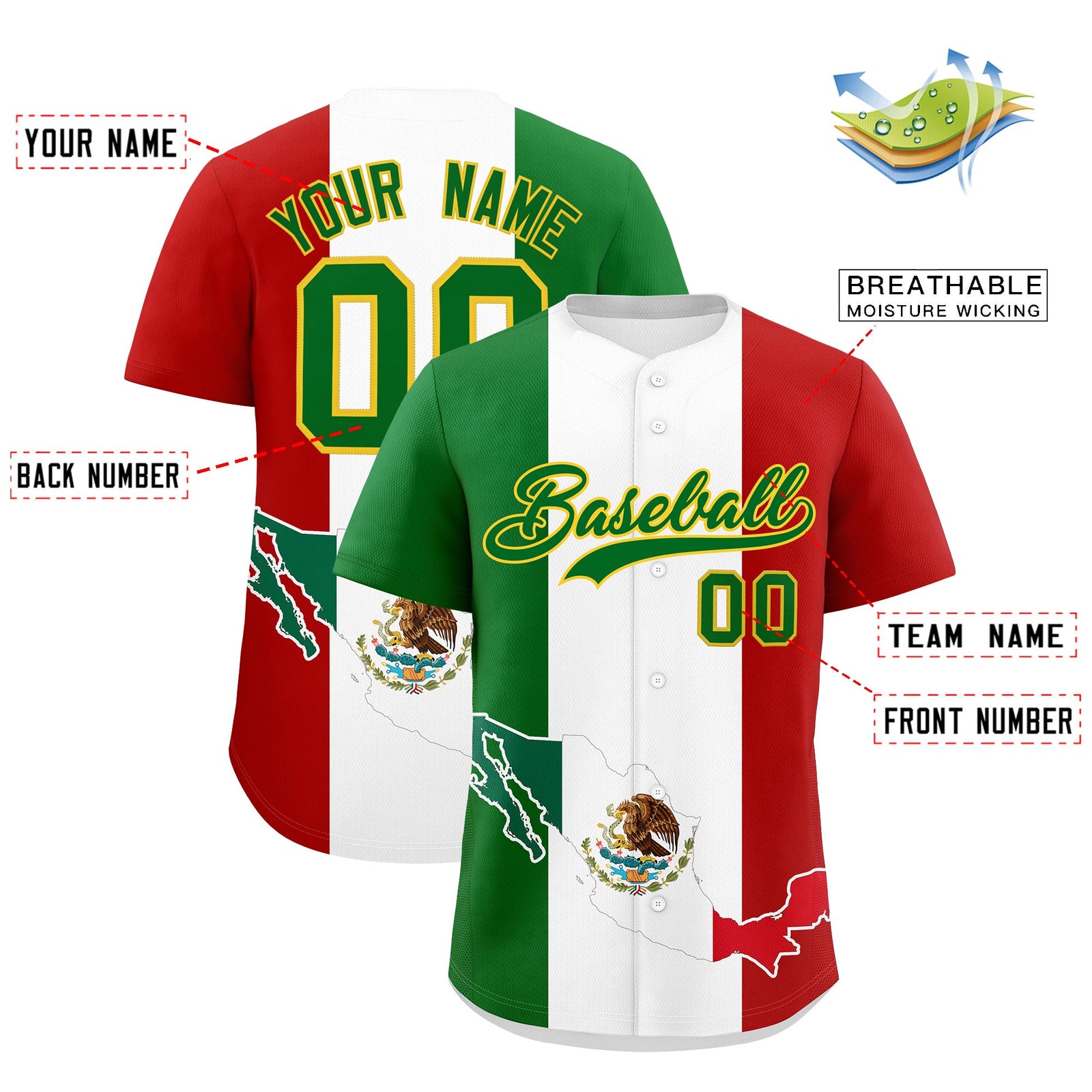 Custom Kelly Green White Red Graffiti Pattern Mexican style Stretch Fabric Baseball Jersey| KXKSHOP
