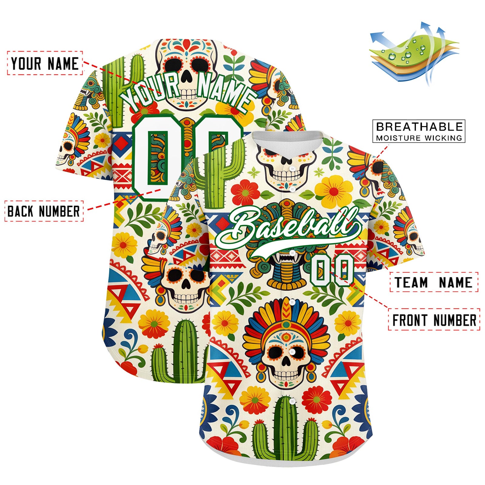 Custom White Kelly Green Graffiti Pattern Mexican style Stretch Fabric Baseball Jersey| KXKSHOP