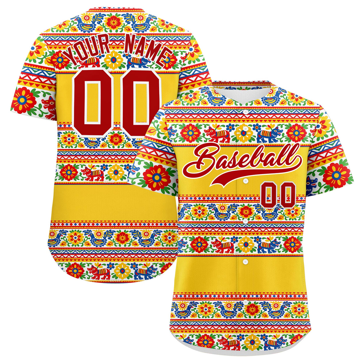 Custom Gold Red White Graffiti Pattern Mexican style Stretch Fabric Baseball Jersey| KXKSHOP