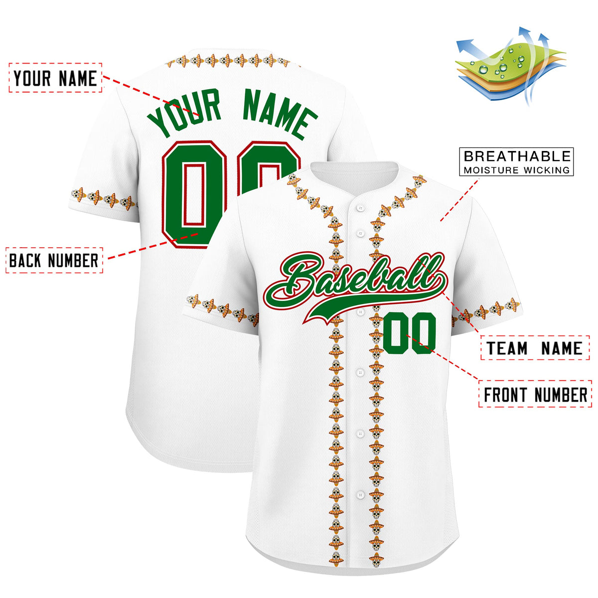 Custom White Kelly Green Red Graffiti Pattern Mexican style Stretch Fabric Baseball Jersey| KXKSHOP