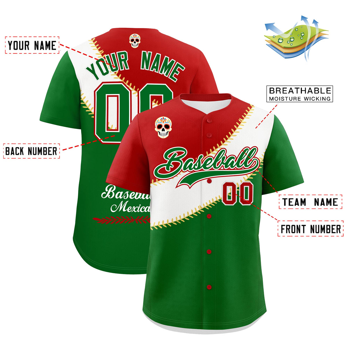 Custom Red White Kelly Green Graffiti Pattern Mexican style Stretch Fabric Baseball Jersey| KXKSHOP