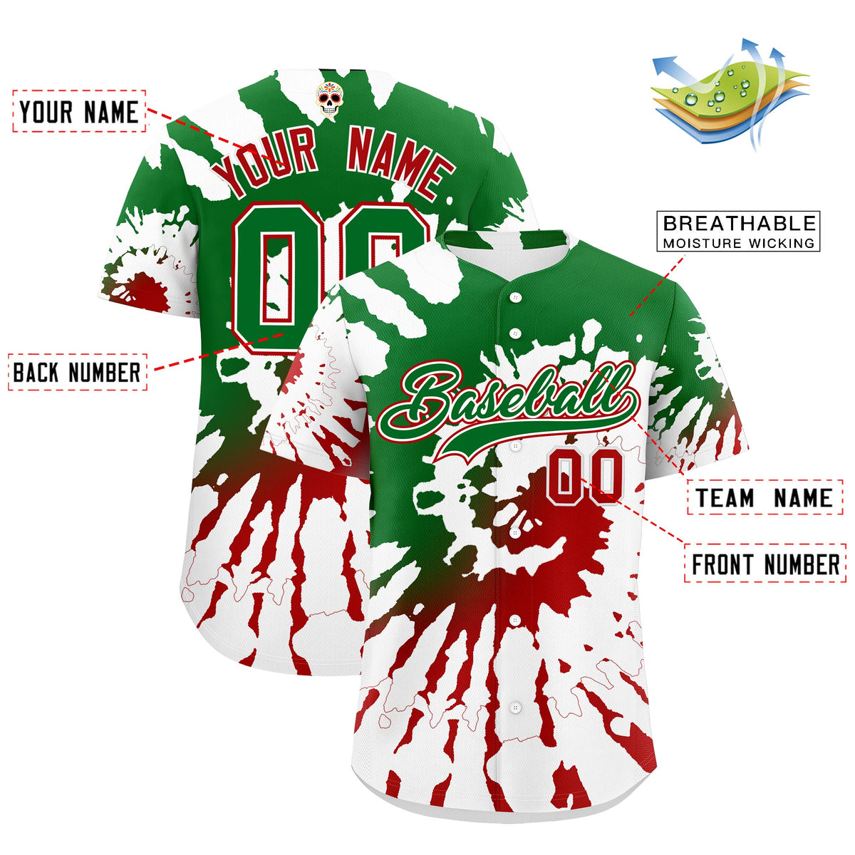 Custom White Kelly Green Red Graffiti Pattern Mexican style Stretch Fabric Baseball Jersey| KXKSHOP