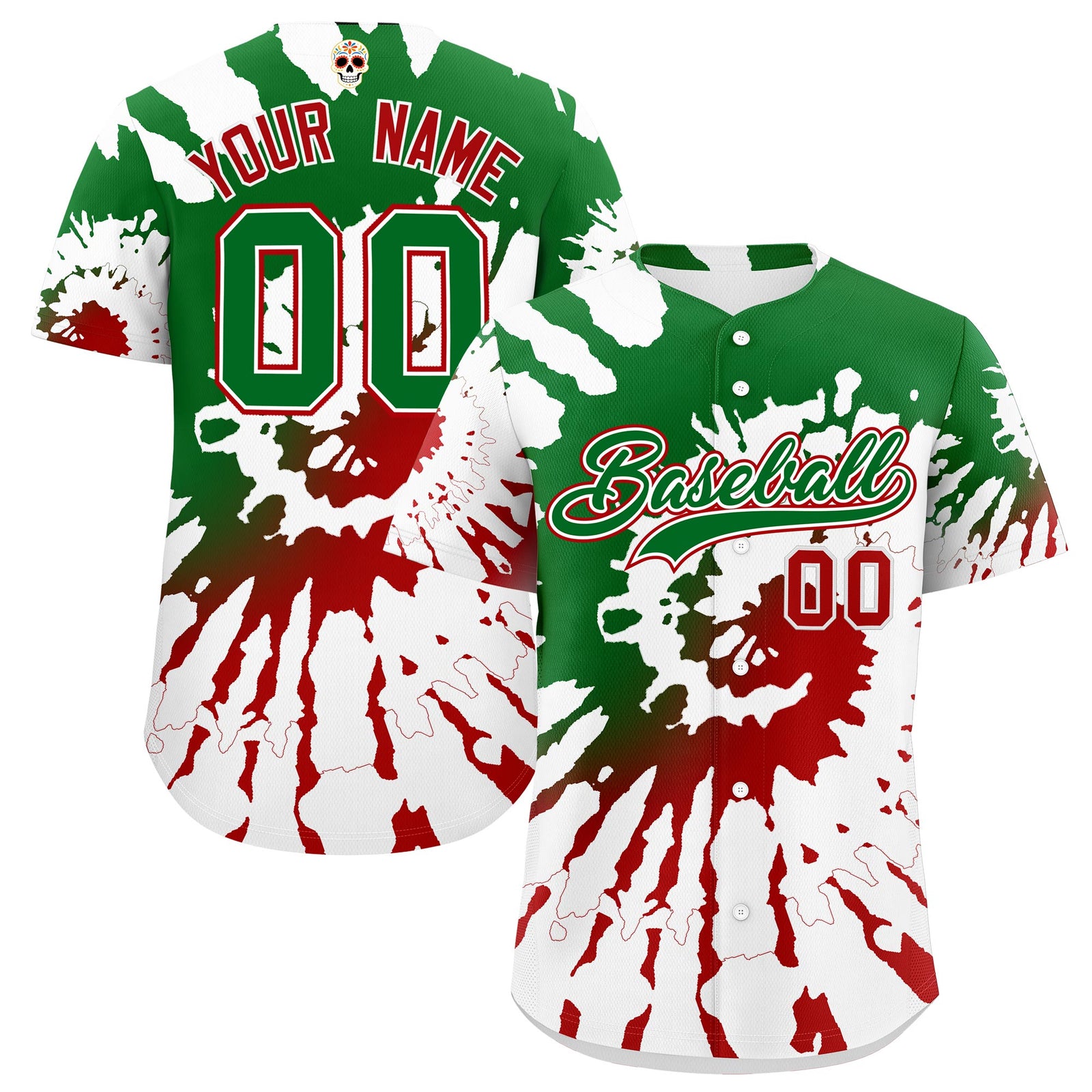 Custom White Kelly Green Red Graffiti Pattern Mexican style Stretch Fabric Baseball Jersey| KXKSHOP