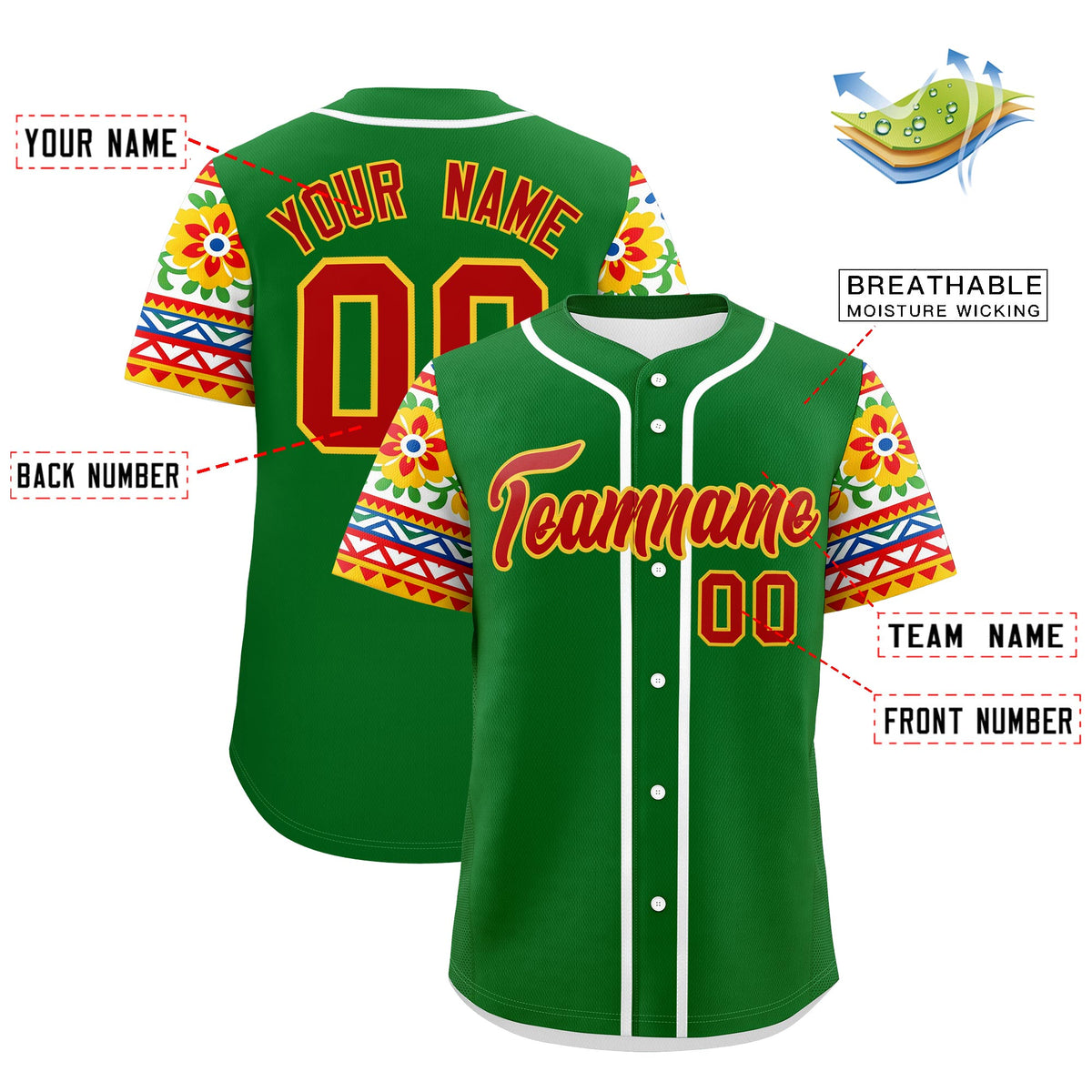 Custom Kelly Green Red Gold Graffiti Pattern Mexican style Stretch Fabric Baseball Jersey| KXKSHOP