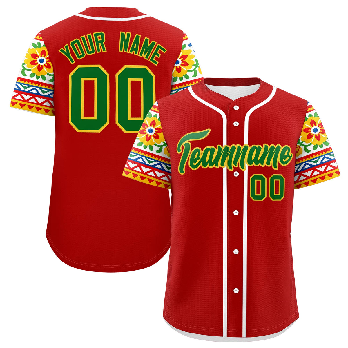 Custom Red Kelly Green Gold Graffiti Pattern Mexican style Stretch Fabric Baseball Jersey| KXKSHOP