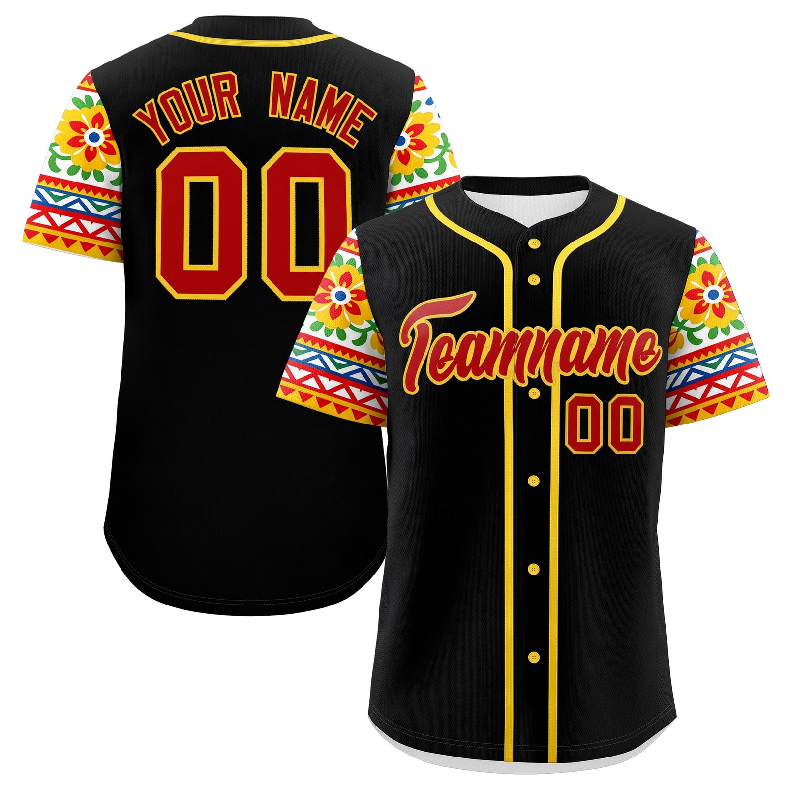 Custom Black Red Gold Graffiti Pattern Mexican style Stretch Fabric Baseball Jersey| KXKSHOP