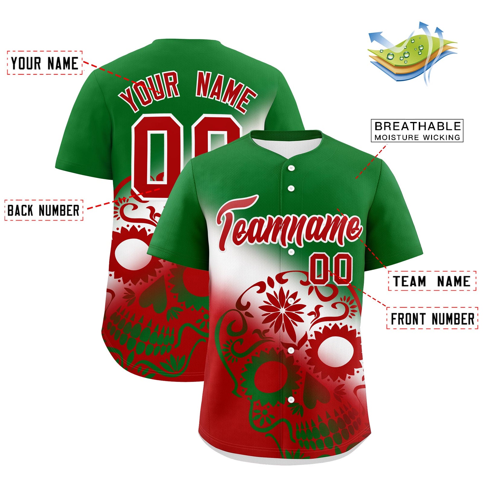 Custom Kelly Green White Red Graffiti Pattern Mexican style Stretch Fabric Baseball Jersey| KXKSHOP