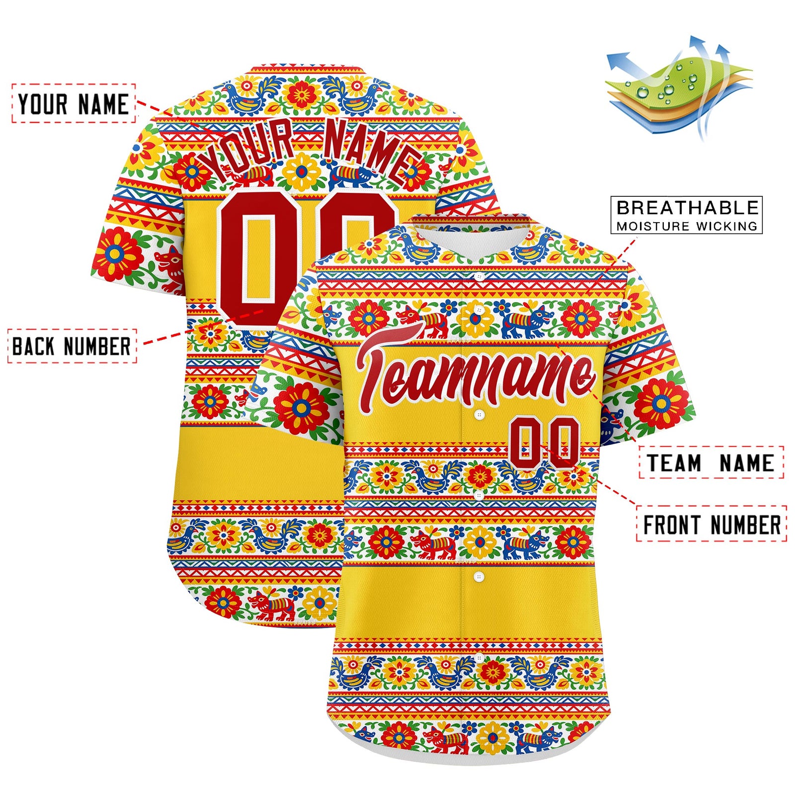 Custom Gold Red White Graffiti Pattern Mexican style Stretch Fabric Baseball Jersey| KXKSHOP