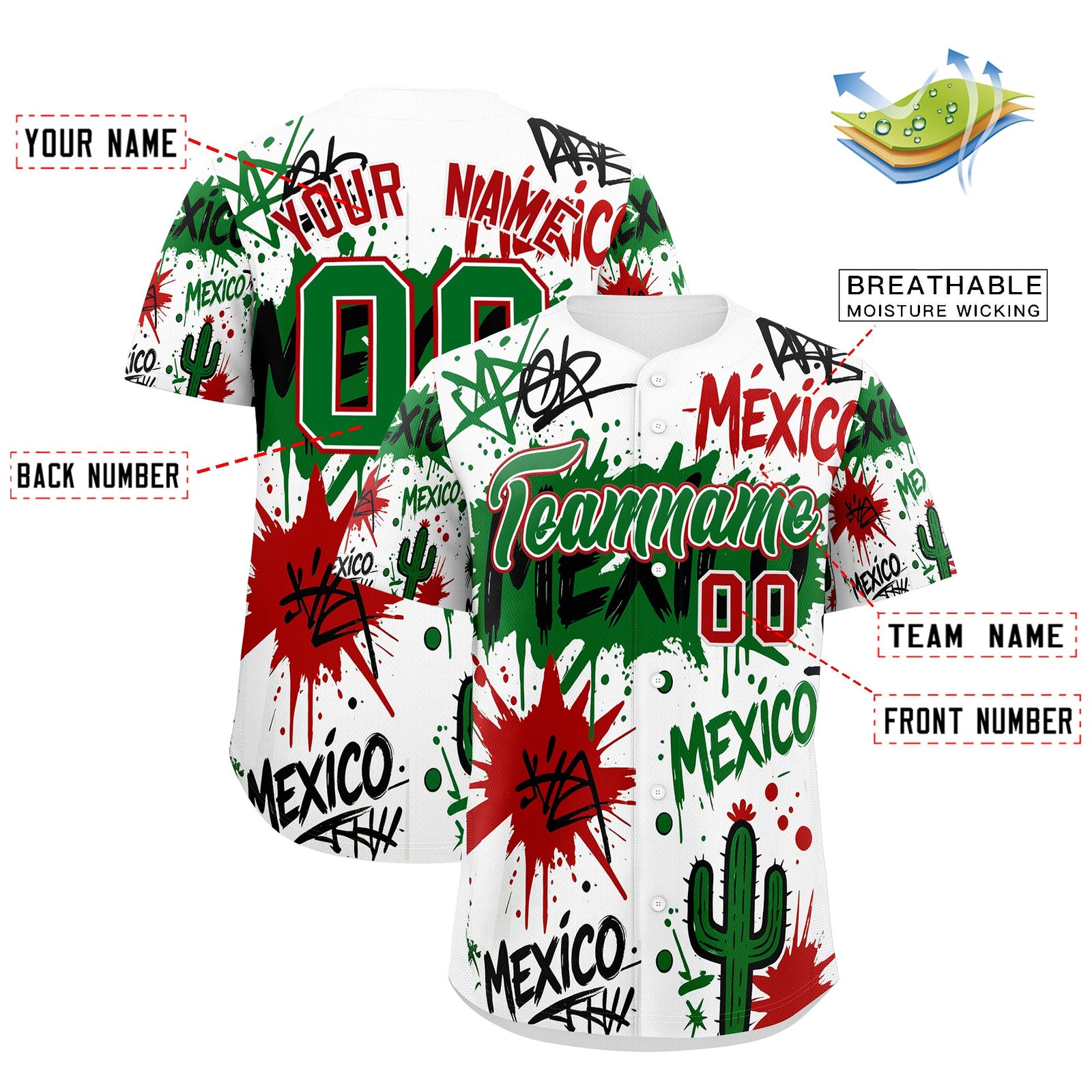 Custom White Kelly Green Red Graffiti Pattern Mexican style Stretch Fabric Baseball Jersey| KXKSHOP