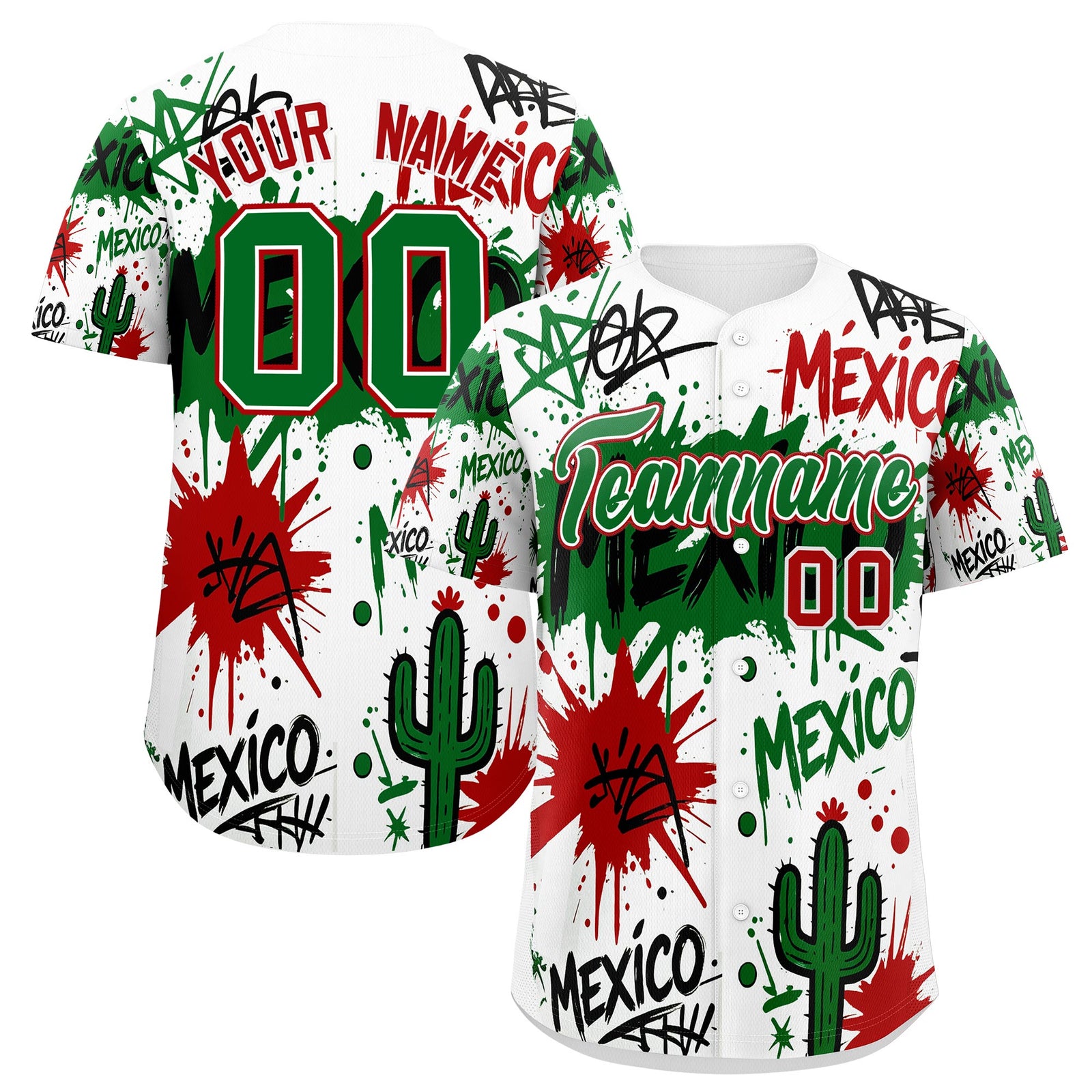 Custom White Kelly Green Red Graffiti Pattern Mexican style Stretch Fabric Baseball Jersey| KXKSHOP