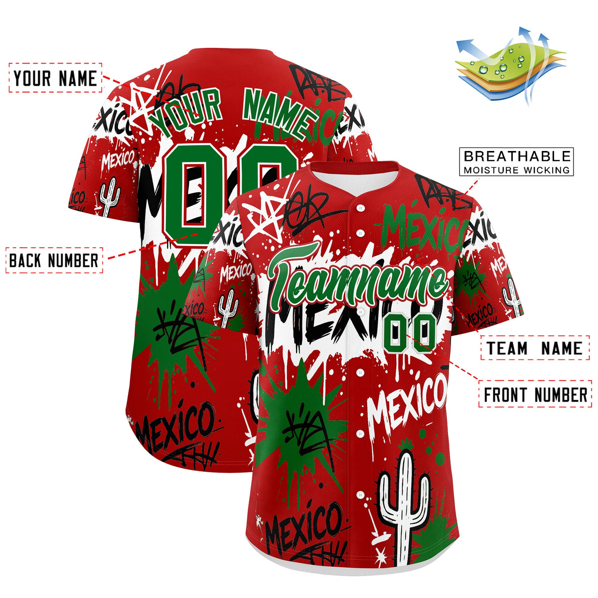 Custom Red Kelly Green White Graffiti Pattern Mexican style Stretch Fabric Baseball Jersey| KXKSHOP