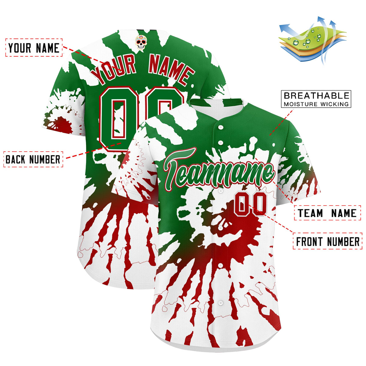 Custom White Kelly Green Red Graffiti Pattern Mexican style Stretch Fabric Baseball Jersey| KXKSHOP