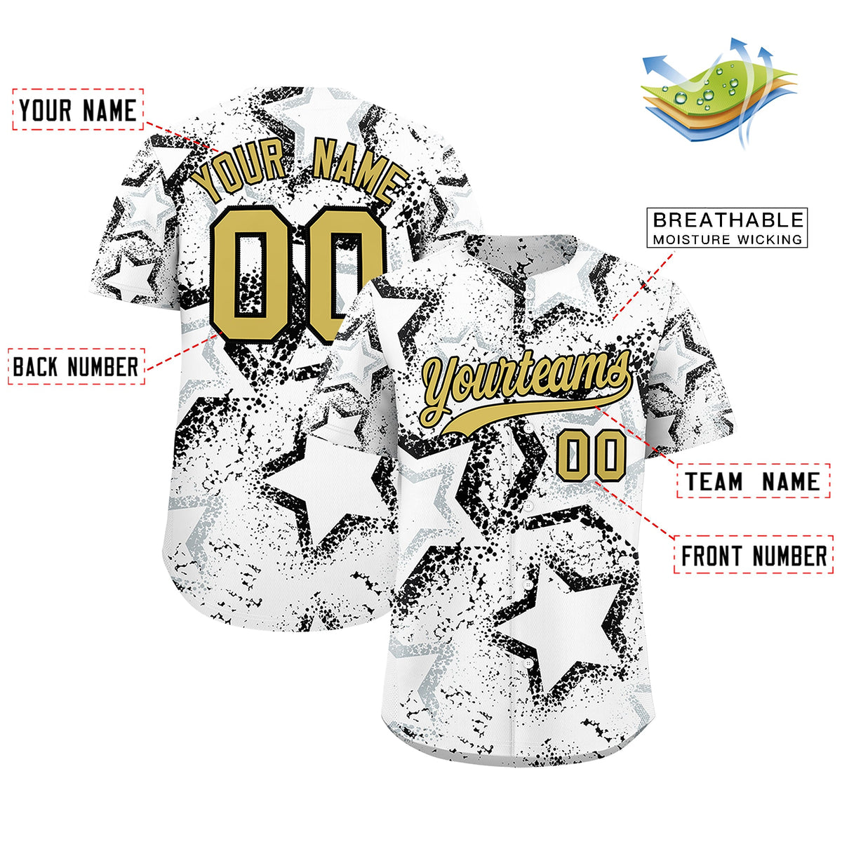 Custom White Silver Old Gold Star-Shaped Ink Texture Graffiti Pattern Baseball Jersey | Sublimation Printed &amp; Stitched,Add Name and Numbern,Perfect for Parties,Perfect for Training | KXKSHOP