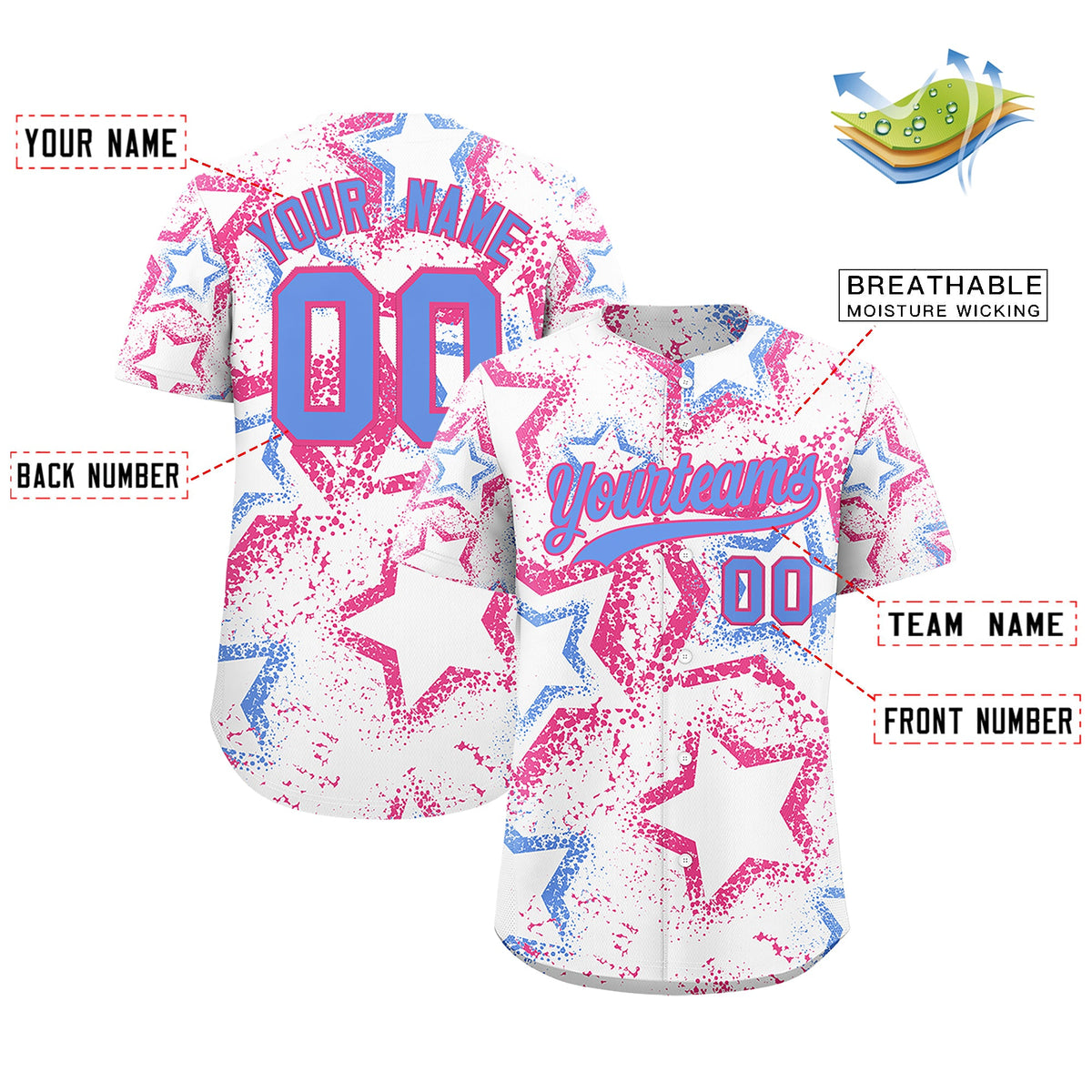 Custom White Pink Light Blue Star-Shaped Ink Texture Graffiti Pattern Baseball Jersey | Sublimation Printed &amp; Stitched,Add Name and Numbern,Perfect for Parties,Perfect for Training | KXKSHOP