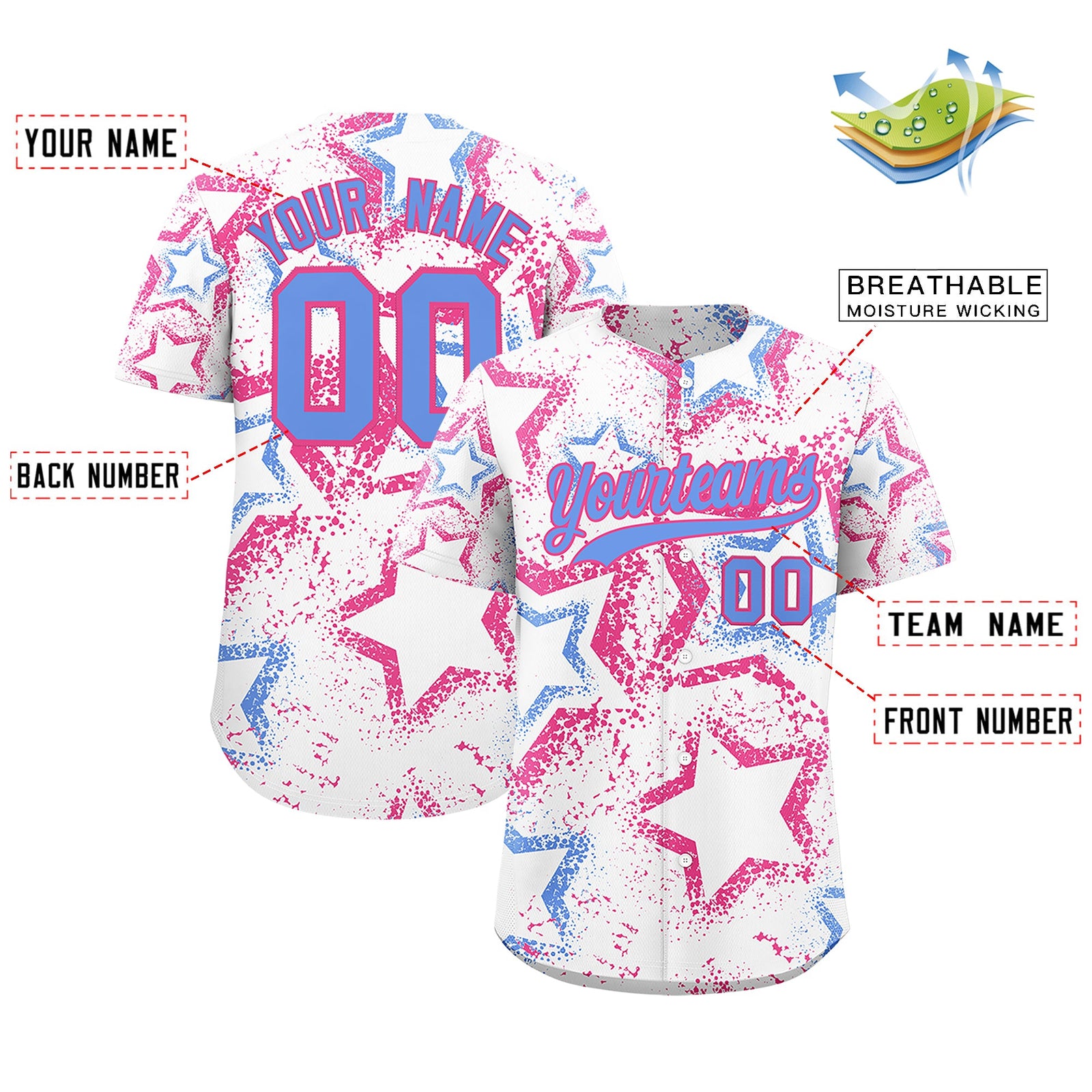 Custom White Pink Light Blue Star-Shaped Ink Texture Graffiti Pattern Baseball Jersey | Sublimation Printed & Stitched,Add Name and Numbern,Perfect for Parties,Perfect for Training | KXKSHOP