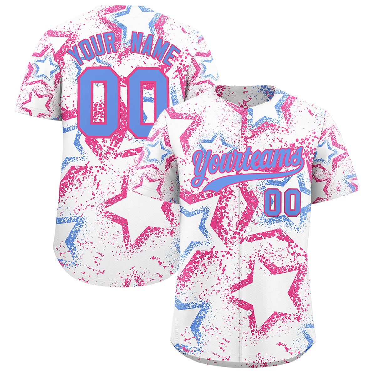 Custom White Pink Light Blue Star-Shaped Ink Texture Graffiti Pattern Baseball Jersey | Sublimation Printed &amp; Stitched,Add Name and Numbern,Perfect for Parties,Perfect for Training | KXKSHOP